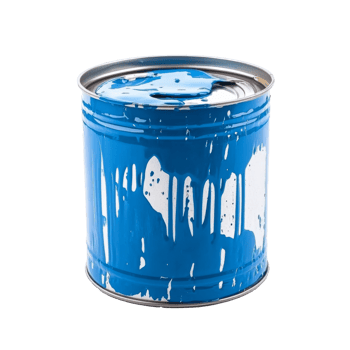 Blue paint can with drips on white isolated transparent png