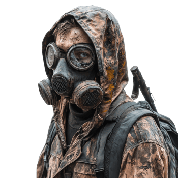 Person in gear stands in barren area isolated transparent png