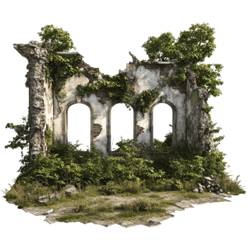 Overgrown ruins of an old building in a forest isolated transparent png