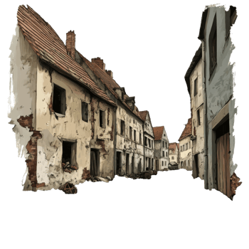 Abandoned village street in late afternoon light isolated transparent png