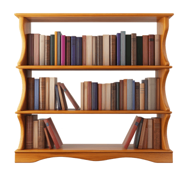 Sunlit wooden bookshelf with diverse books isolated transparent png