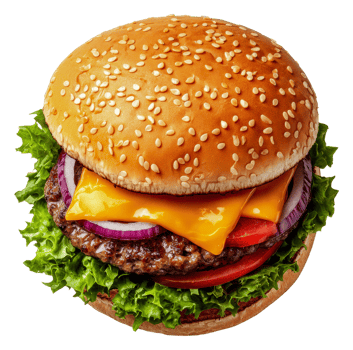 A hamburger with cheese, onions and lettuce png