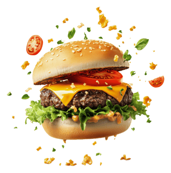 Cheeseburger with cheese, lettuce, tomato and cheese flying in the air png