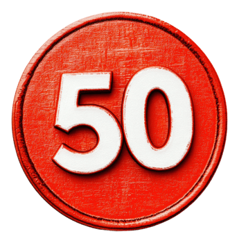 Red circle badge featuring number fifty png