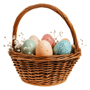 Colorful Easter eggs in a woven basket display png