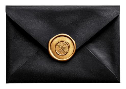 Elegant black envelope sealed with gold wax png