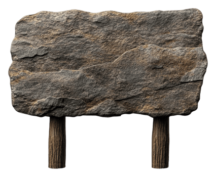 Stone sign on wooden posts in nature png