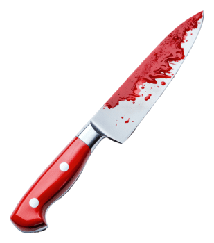A bloody kitchen knife rests on a white surface png