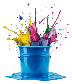 A bucket filled with paint splashes on a black background png