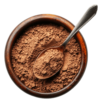 Natural cocoa powder in wooden bowl with spoon png
