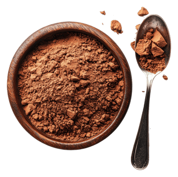 Rich cocoa powder in a wooden bowl and spoon png