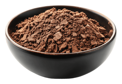 Cocoa powder in a black bowl on a white surface png