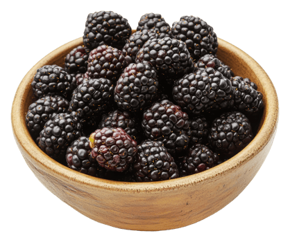 Fresh blackberries in a wooden bowl on a table png