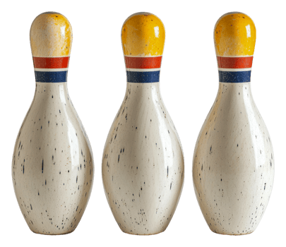 Vintage bowling pins displayed on a wooden surface png