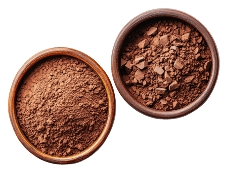 Cocoa powder and chocolate pieces in wooden bowls png