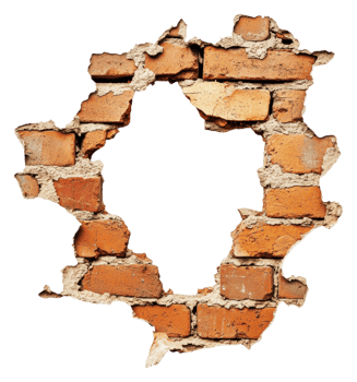Exposed brick wall with a large hole in the center png