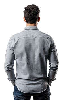 Man in gray shirt on white backdrop, cut out - stock . png