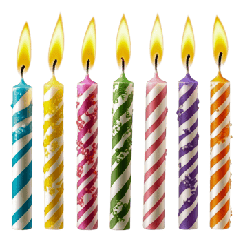 Bright birthday candles on a cake, cut out - stock . png