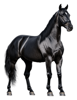 Black horse poised against white backdrop, cut out - stock . png