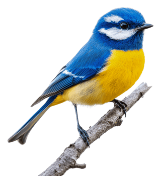 Vibrant blue and yellow bird perched on a branch, cut out - stock . png