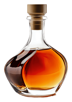 Amber liquid in elegant glass decanter, cut out - stock . png