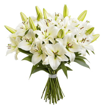 Beautiful white lilies gathered in a fresh bouquet, cut out - stock . png
