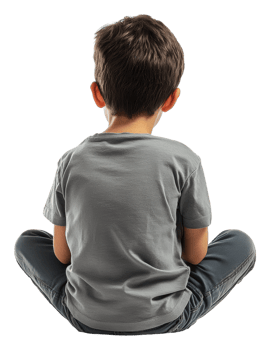 Child in gray shirt sitting quietly, cut out - stock . png