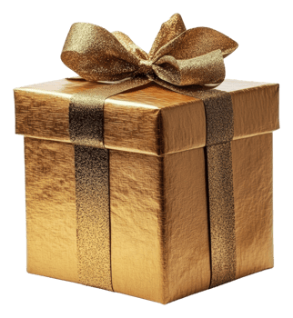 Golden gift box wrapped with glittering ribbon, cut out - stock . png