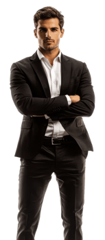 Confident man in suit on white backdrop, cut out - stock . png