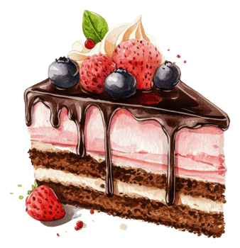 Delicious layered chocolate and fruit cake slice, cut out - stock . png