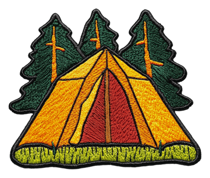 Colorful patch with tent and trees, cut out - stock . png