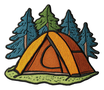 Colorful camping tent set up in a forest clearing, cut out - stock . png
