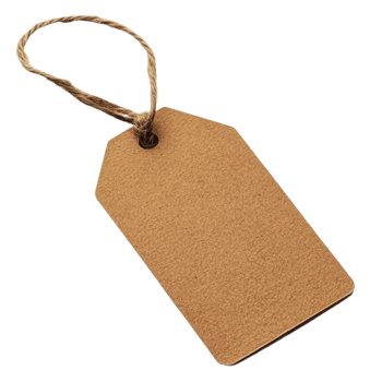 Brown kraft tag hanging on twine in bright light, cut out - stock . png