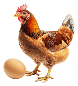A brown chicken standing beside a freshly laid egg, cut out - stock . png