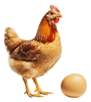 Chicken standing next to a freshly laid brown egg, cut out - stock . png