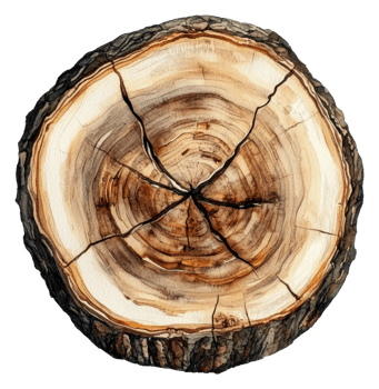 Detailed cross-section of a tree trunk with rings, cut out - stock . png