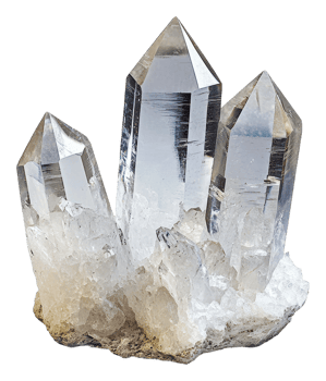 3 clear quartz points on mineral base, cut out - stock . png