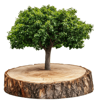 Tree growing on a cut tree stump in natural light, cut out - stock . png