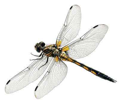Close-up view of a dragonfly with intricate wings, cut out - stock . png
