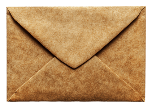 Brown envelope resting on a flat surface, cut out - stock . png