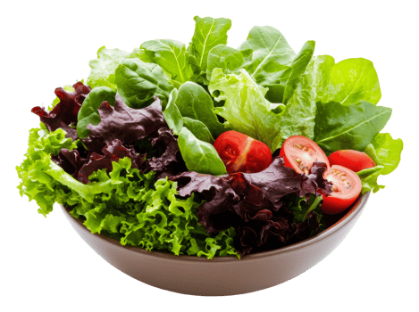 Fresh salad bowl with greens and tomatoes, cut out - stock . png