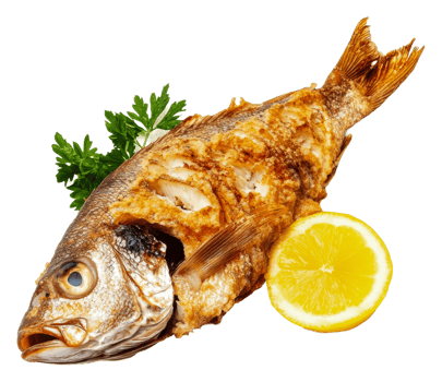 Crispy fried fish garnished with lemon and parsley, cut out - stock . png