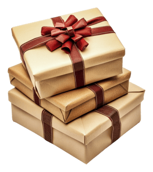 Three wrapped gift boxes stacked, cut out - stock . png