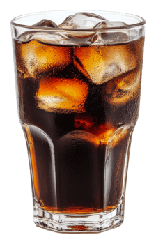 Refreshing glass of cola with ice on a sunny day, cut out - stock . png