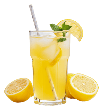 Refreshing lemonade served with fresh lemon slices, cut out - stock . png