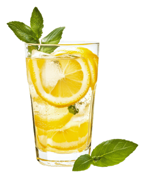 Refreshing lemon drink garnished with mint leaves, cut out - stock . png