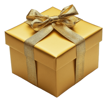 Shiny golden gift box tied with ribbon on display, cut out - stock . png