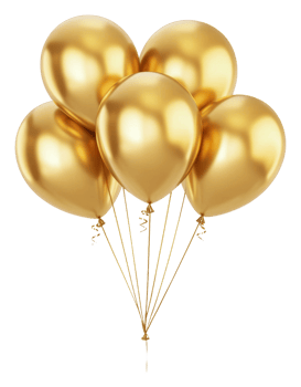Five shiny gold balloons with long strings, cut out - stock . png