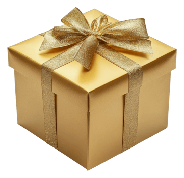 Elegant golden gift box tied with a shiny ribbon, cut out - stock . png