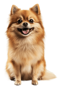 Happy Pomeranian sitting and smiling indoors, cut out - stock . png